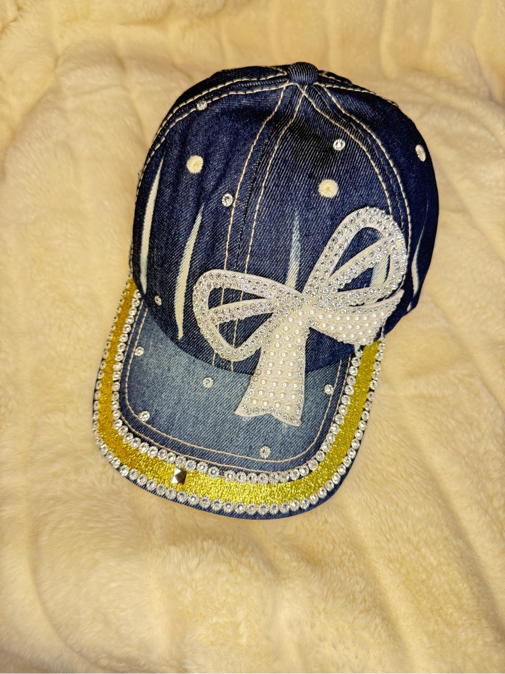 Denim Cap with Crystal Bow - Blue and Yellow - Picture 2 of 6